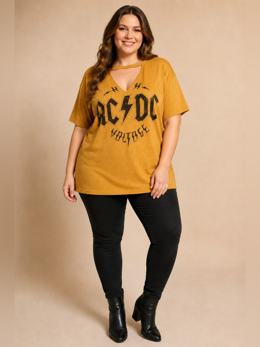 The Vinyl Icons AC/DC Mustard Yellow Choker Neck Graphic T-Shirt Size 2X